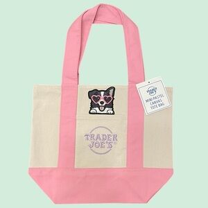 Trader Joe's Mini Pastel Canvas Tote - Pink & Natural, One-Sided Cute Dog Design